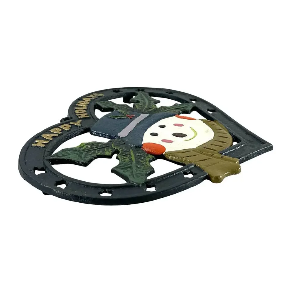 Vintage Cast Iron Happy Holidays Snowman Heart Christmas Trivet 8”